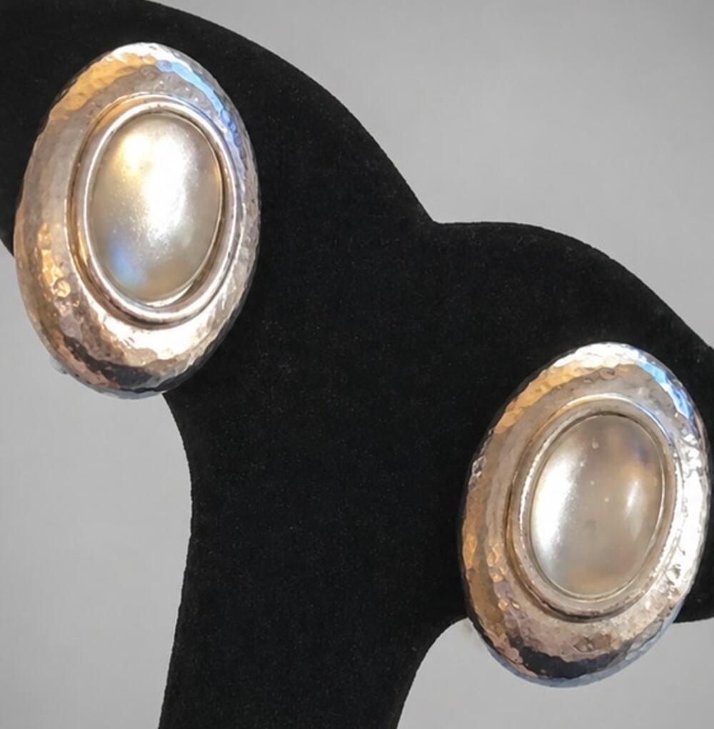 Vintage Monet Pierced Earrings 1" Silver Lucite Oval Mogul Large Designer SP-